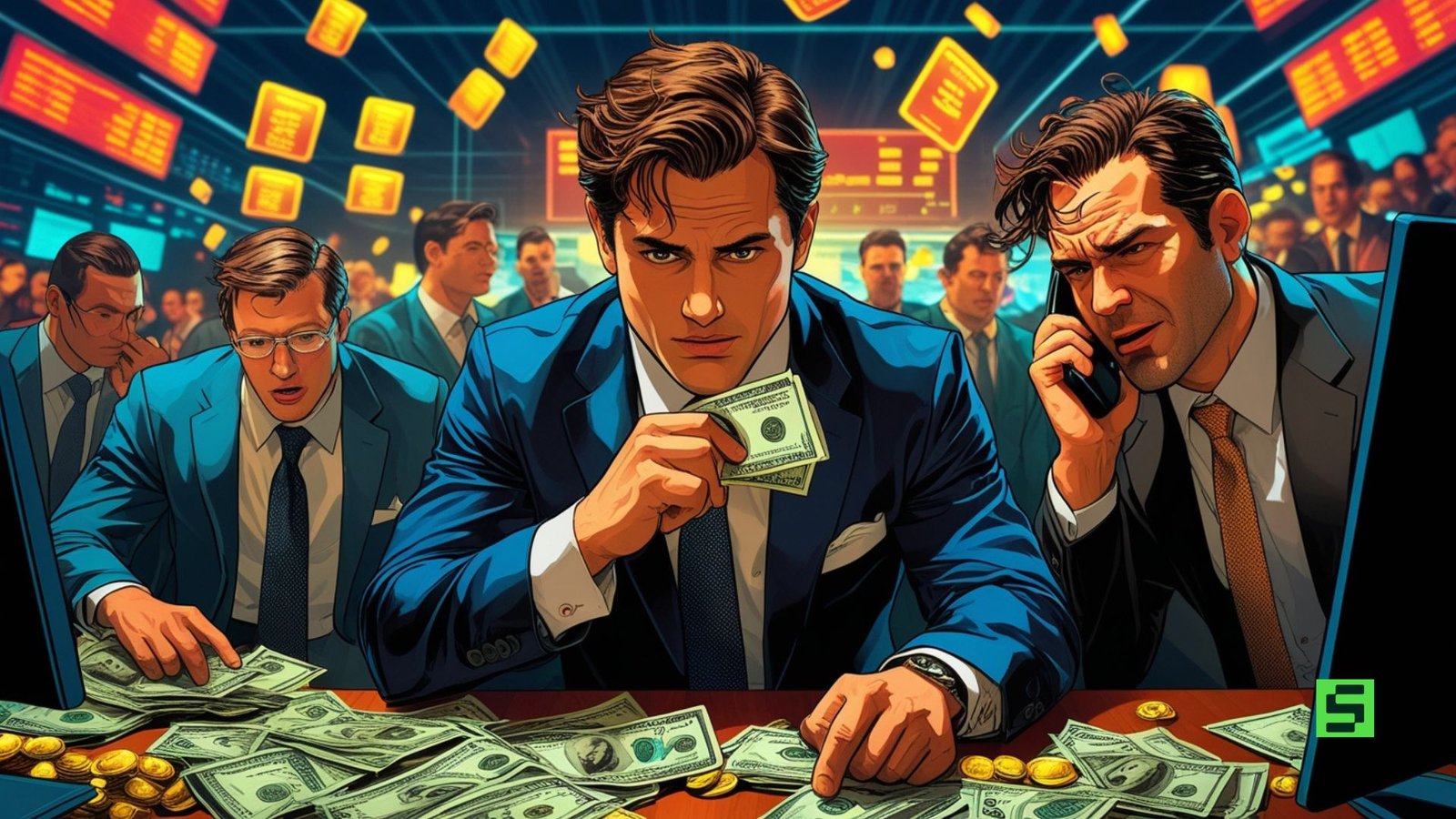 Illustration of men in suits at a desk with money and gold coins, one holding cash, another on the phone, in a bustling office setting.