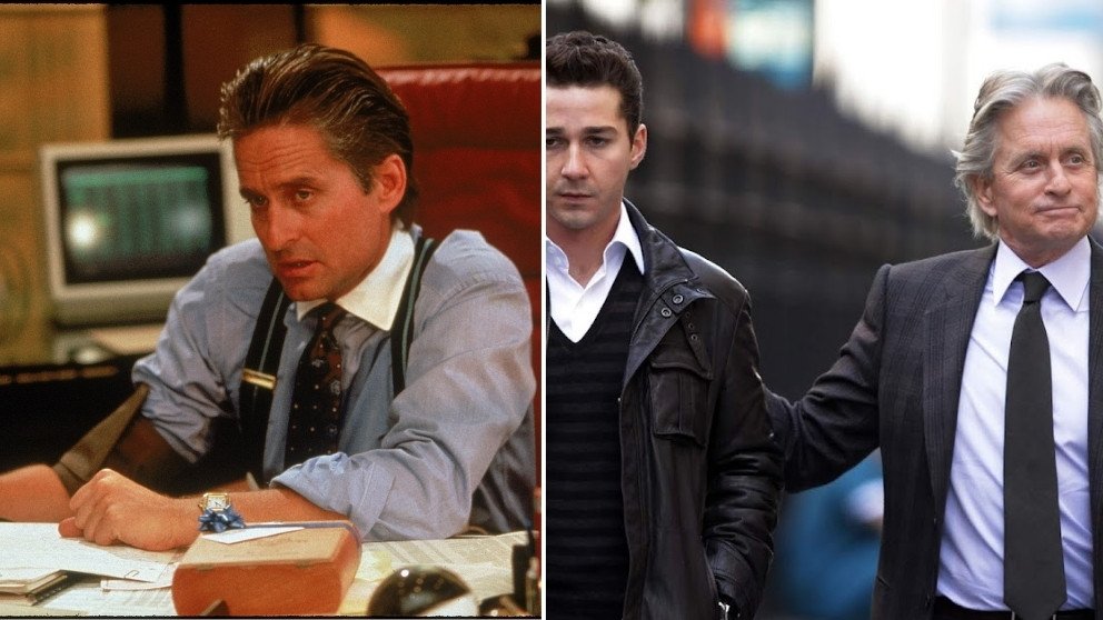 Picture from two different movies—Wall Street on the left, showing Gordon Gekko in his office, and Wall Street: Money Never Sleeps on the right, where an older Gekko walks with Jacob Moore.
