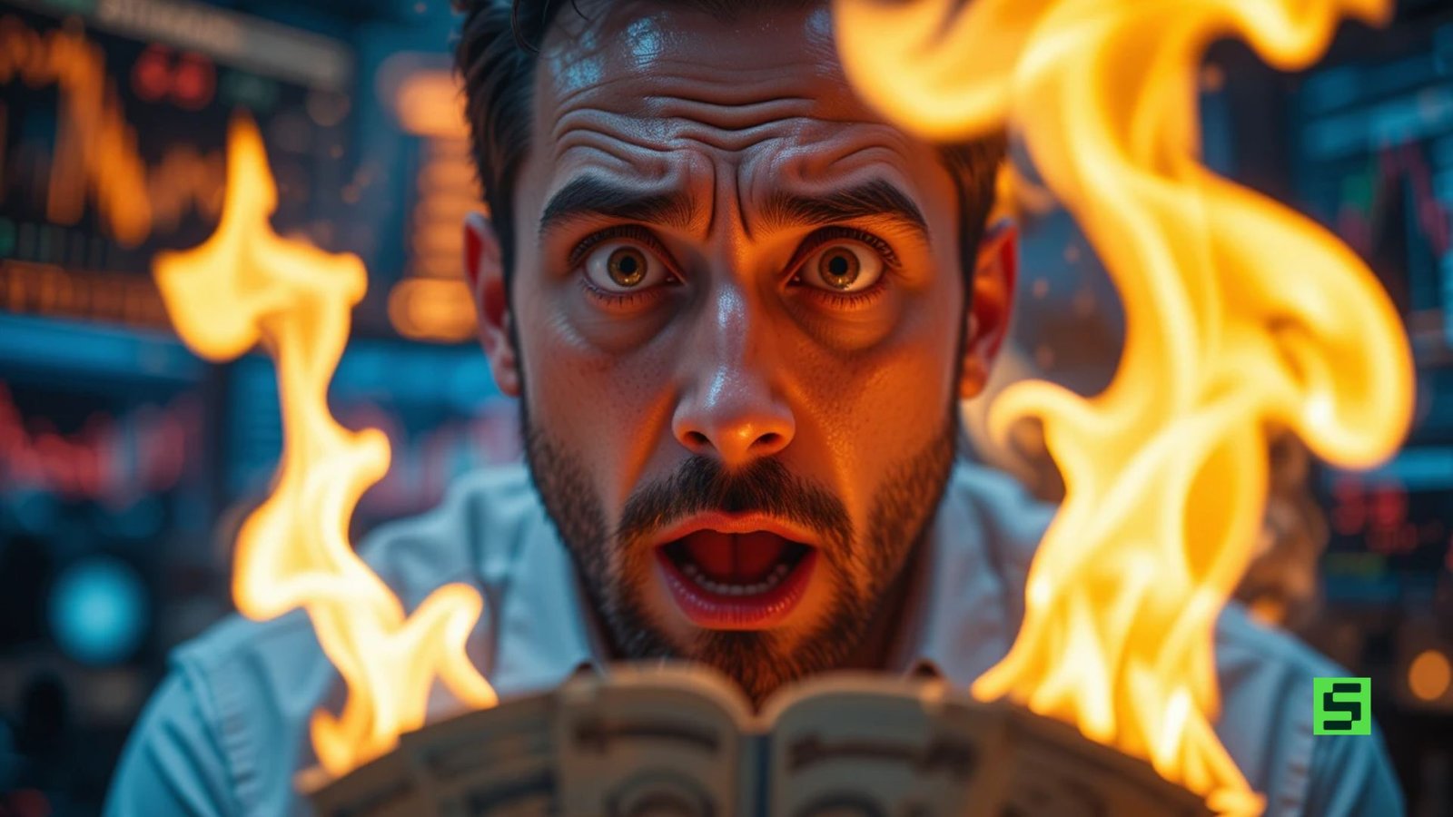 A shocked trader stares at burning money in his hands, with stock charts flashing red in the blurred background, symbolizing a massive financial loss.